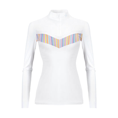 Keep cool this summer with the Laguso Vivian multi stripe show shirt. The multi coloured stripe and white mesh v panel give a feminine sporty look. Made from bi elastic breathable sports fabric. Stand-up collar with zipper and underlaid zip cover. 