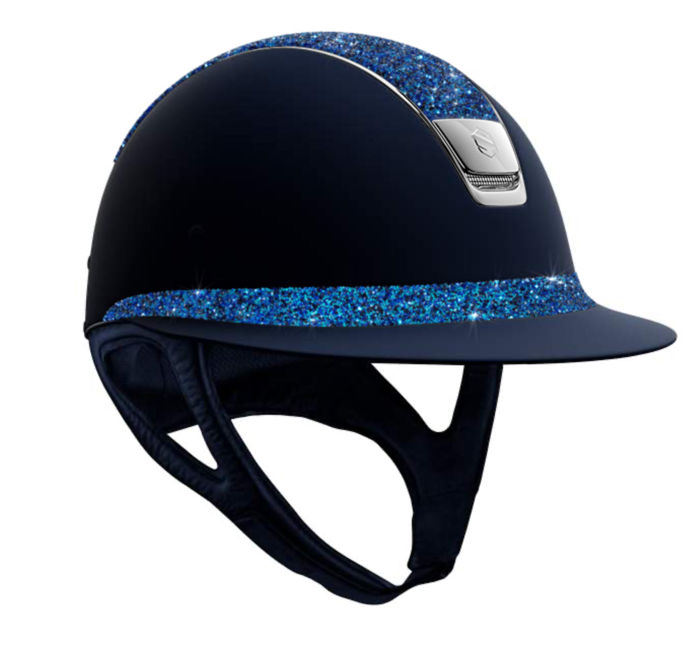 The New In Miss Shield Shadowmatt riding hat with silver chrome trim. Finished with Bermuda blue ultra fine crystal rock top and band.