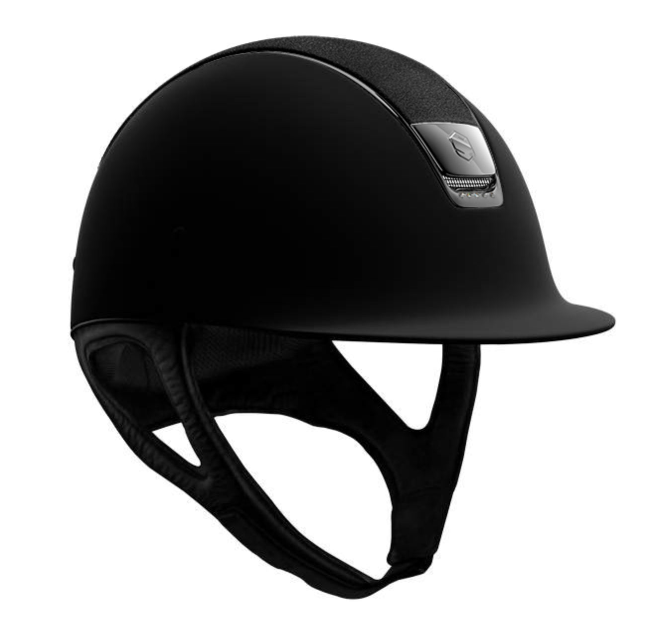 The Samshield Shadowmatt riding hat with black chrome trim and  blazon. Finished with the Alcantara top and 5 Swarovski crystals below the blazon.
