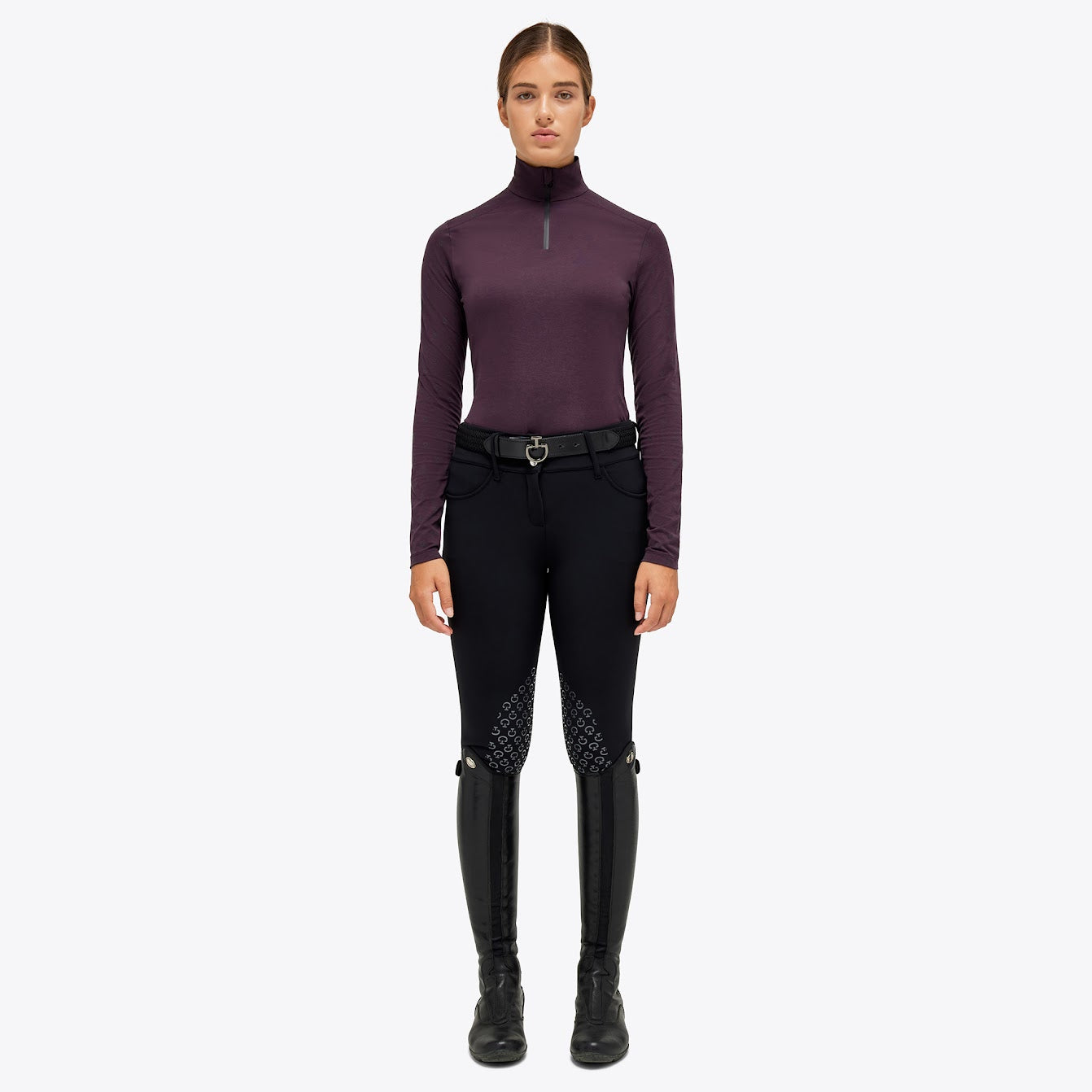 The Cavalleria Toscana plum Mini Flock Print Tech Wool Training Top is perfect for the season. The training top has a mini CT flock logo print on the shoulders and sleeves giving this top a modern look. Made from super soft bib stretch jersey it’s a must have this year!  matching items available. 