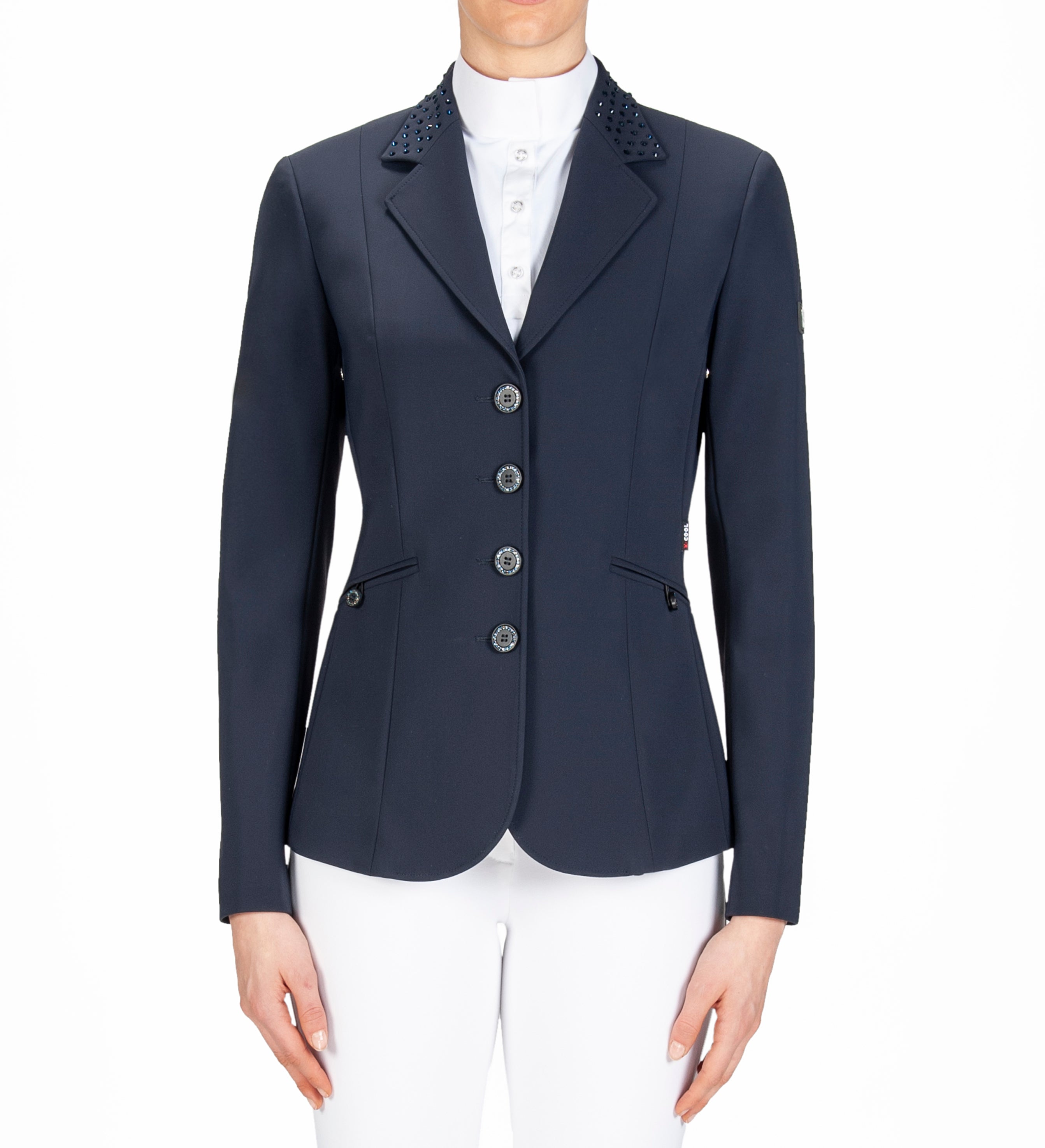 The Equiline Gioia jacket has been developed to with the rider in mind. It guarantees both excellent fit and freedom of movement. The jacket is embellished with small rhinestones on both the collar and the half belt .  Machine Washable 