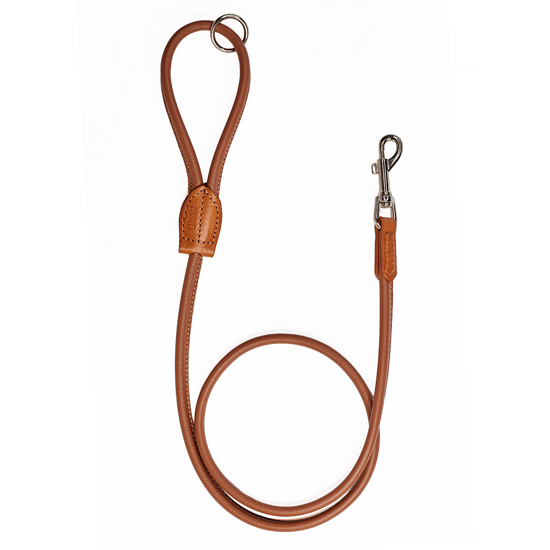 The dogs and Horses Tan rolled leather lead is soft and comfortable to hold and handle. But strong. Available for small, medium or large dogs (thickness and size of hooks will vary).